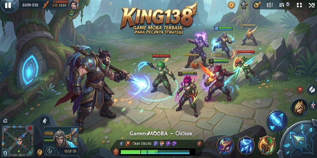 Screenshot gameplay KING138 dengan pertarungan intens di arena MOBA.