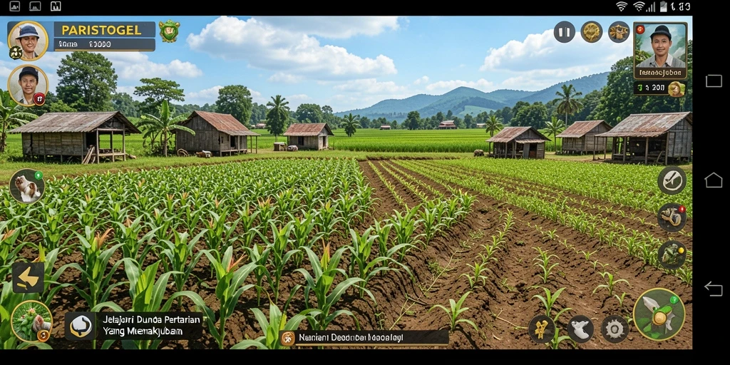 Tangkapan layar gameplay PARISTOGEL menampilkan kebun yang subur dan aktivitas bertani.
