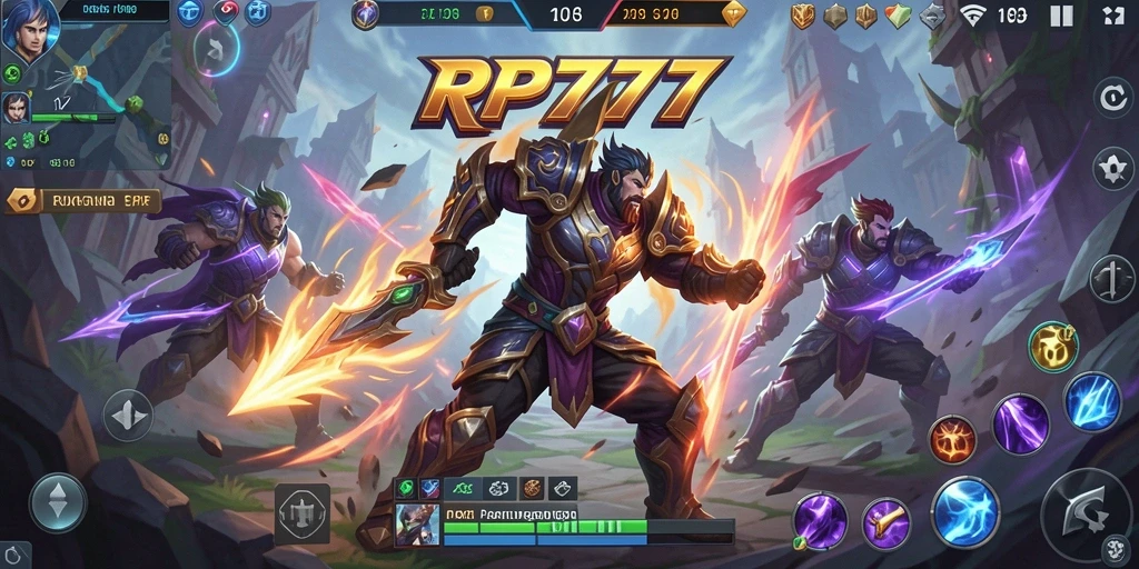 Screenshot gameplay RP777 menampilkan duel seru antara hero-hero di medan perang.