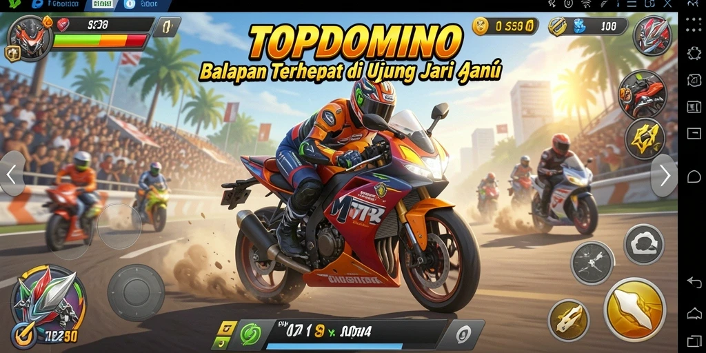Gameplay seru di TOPDOMINO dengan balapan motor yang menegangkan.