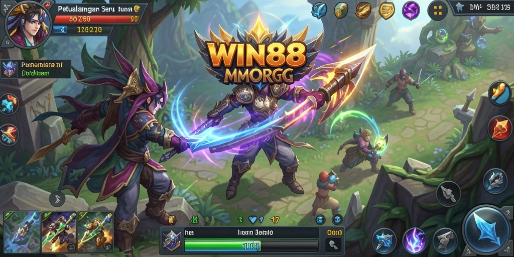 Tampilan gameplay <strong>WIN88</strong> dengan pertempuran mendebarkan di dunia MMORPG.