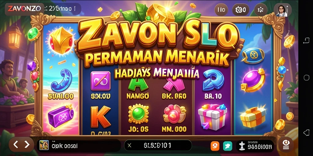 Tampilan gameplay seru ZAVONZO dengan banyak simbol dan tema menarik.